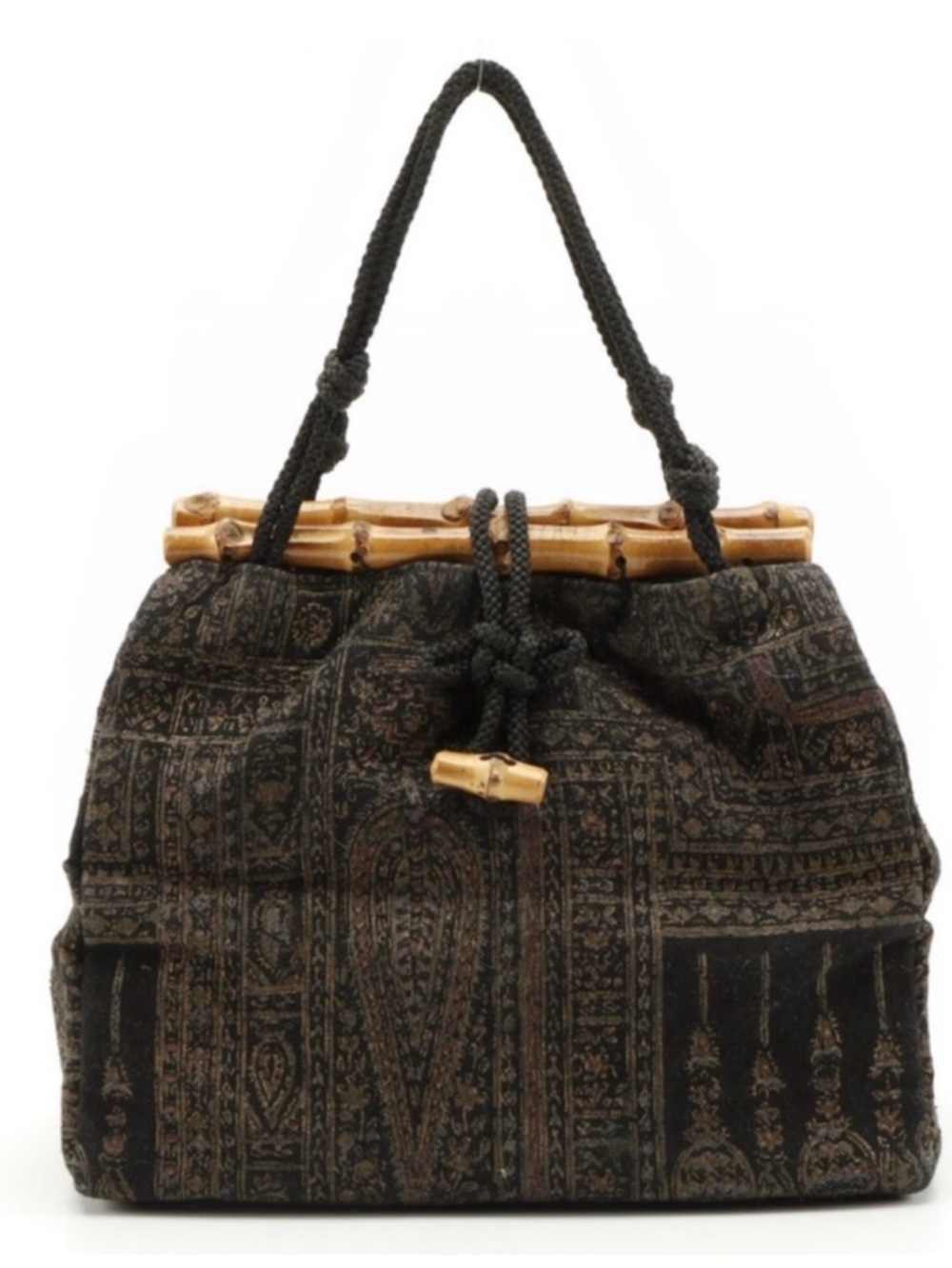 VINTAGE CIRCA 1970'S HANDMADE BROWN AND NEUTRALS FOLIATE BAMBOO HANDLE TOTE